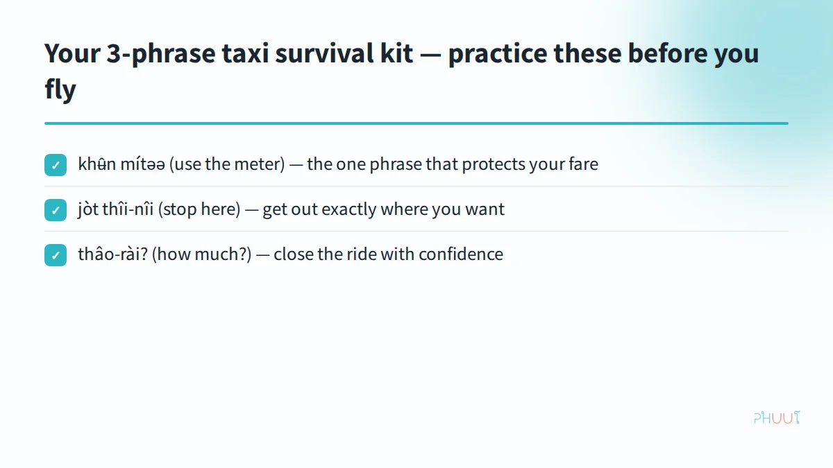 Three-phrase taxi survival-kit checklist for travelers to Bangkok