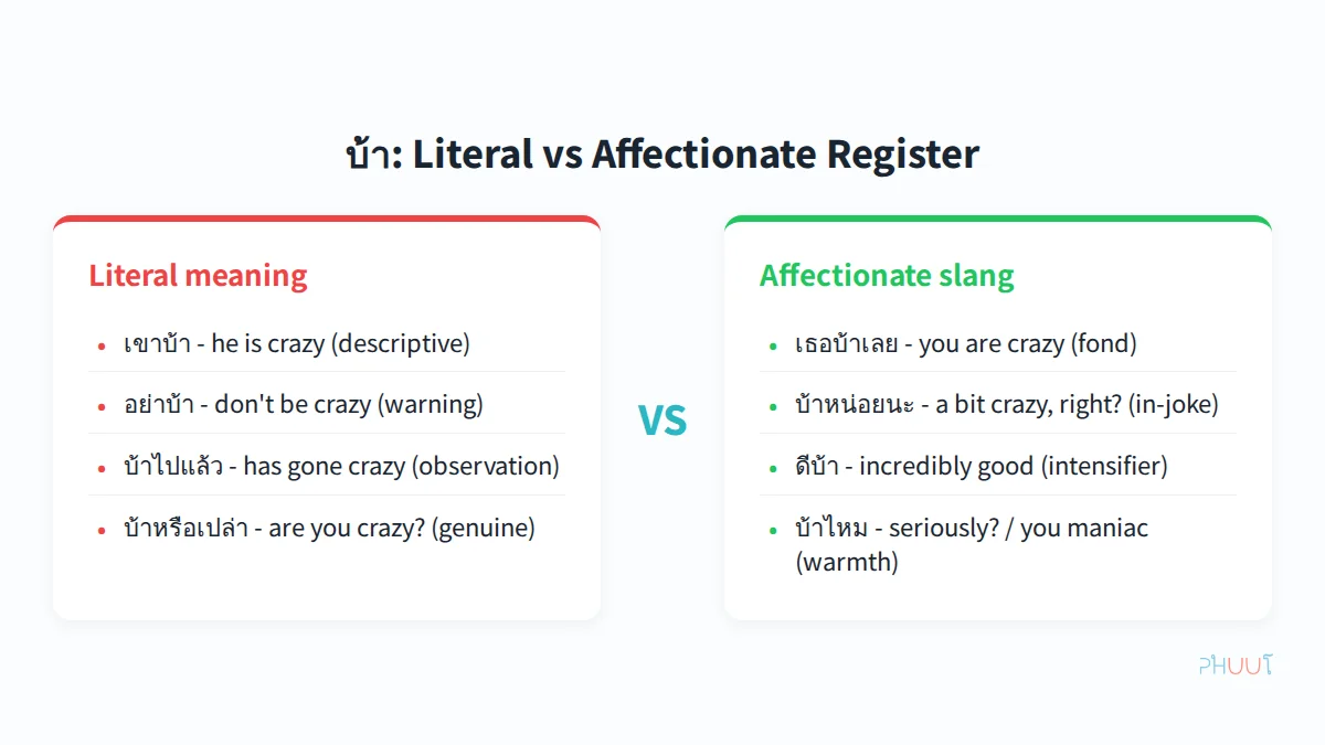 บ้า literal vs affectionate register comparison - You Maniac Thai slang vocabulary guide