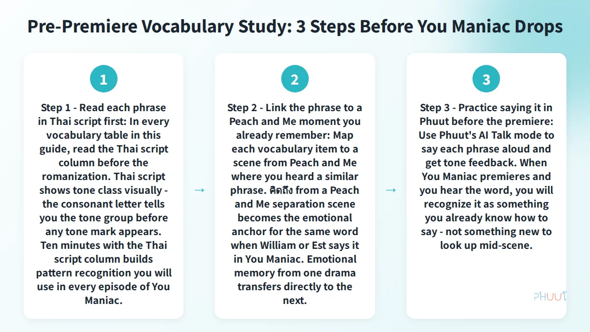 Pre-premiere vocabulary study steps for You Maniac - three steps before the drama drops